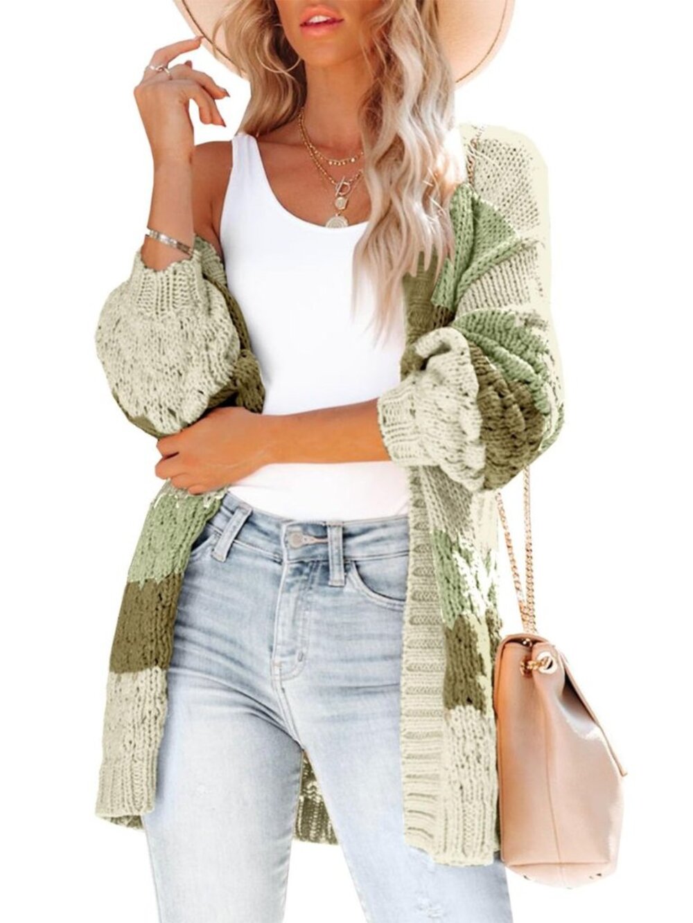 Womens Long Sleeve Color Block Cardigan Striped Open Front Chunky Knit Slouchy